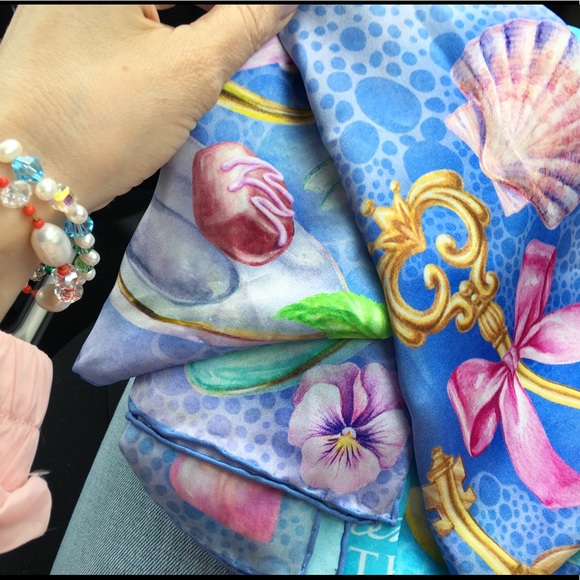 100% silk square scarf turquoise lilac floral wrap "Believe" Victorian tea party - Picture 6 of 8